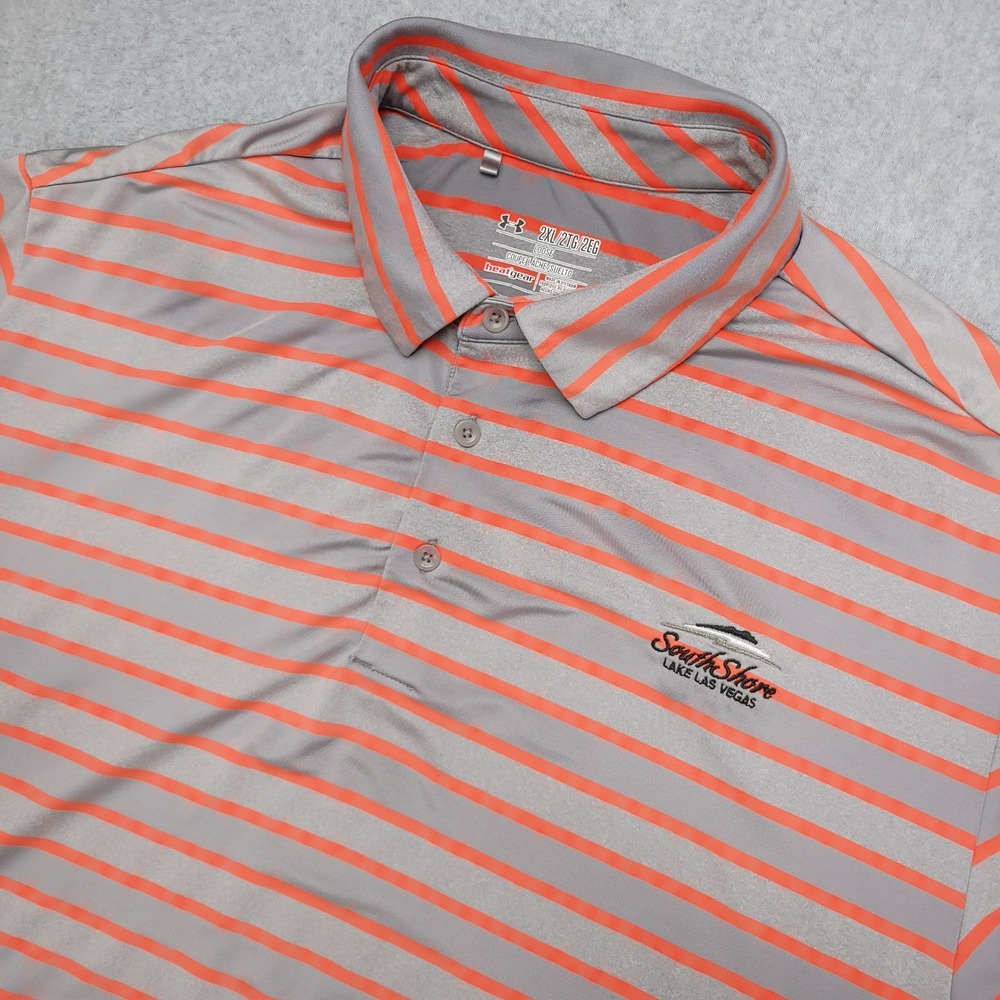 Under Armour Heat gear Polo Golf Shirt men's XXL Orange Gray Striped Stretch